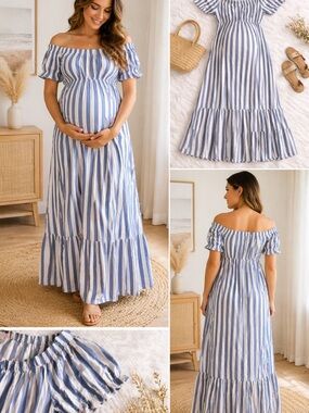 Isabel Maternity Striped Maxi M Blue White Off Shoulder Boho Baby Shower Beach